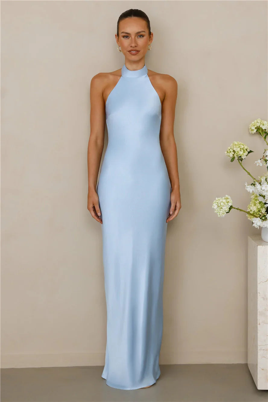 The Cleo Halter Satin Maxi Dress Blue